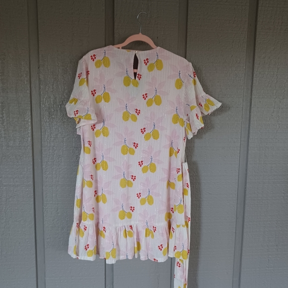 Pink Chicken Lemon Print Halsey Mini Dress Size S Women Tie Waist Metallic - Picture 4 of 13